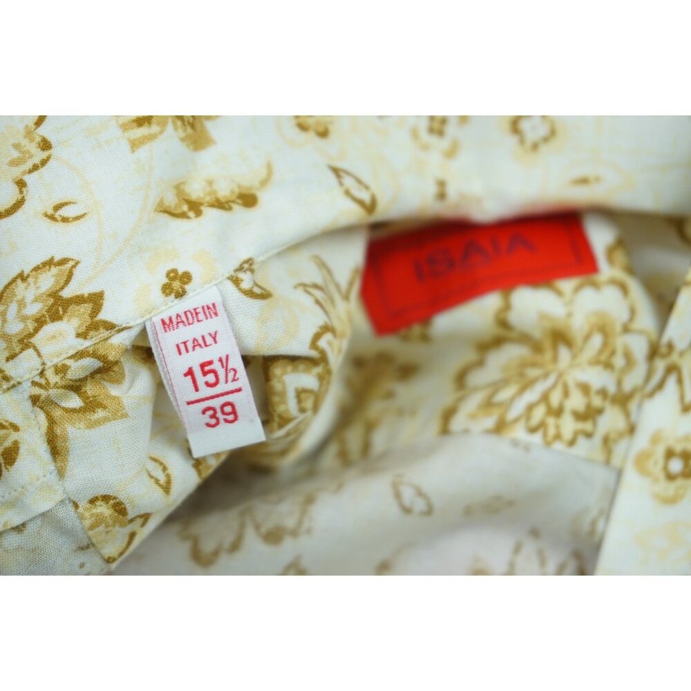 Isaia Napoli White Brown Beige Floral Short Sleeve Cotton Camp Shirt 15.5/39 NEW - Picture 3 of 5